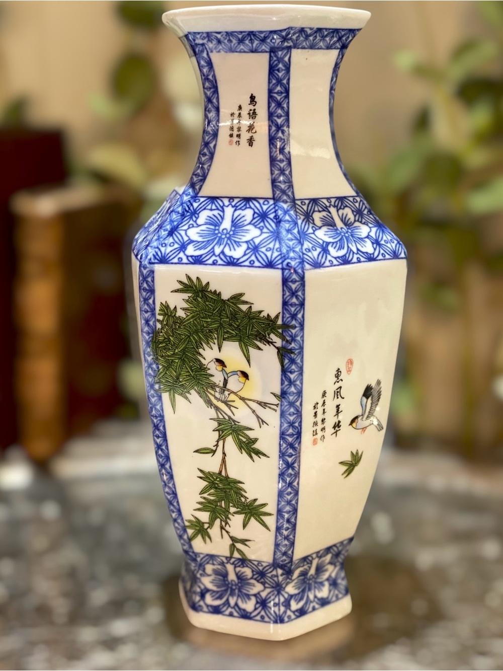 Vintage Chinese Vase Signed Calligraphy Birds Hexagonal Blue White Porcelain - Picture 2 of 10